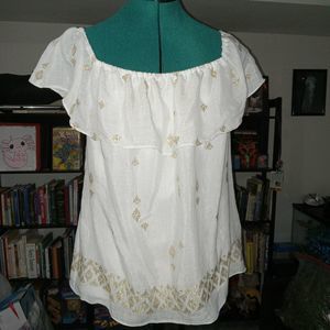 JM COLLECTIONS Women L Grecian Style White Gold Embrod Lined Gauzy Ruffle Top